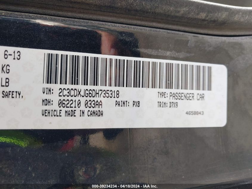 2013 Dodge Charger Sxt VIN: 2C3CDXJG6DH735318 Lot: 39234234