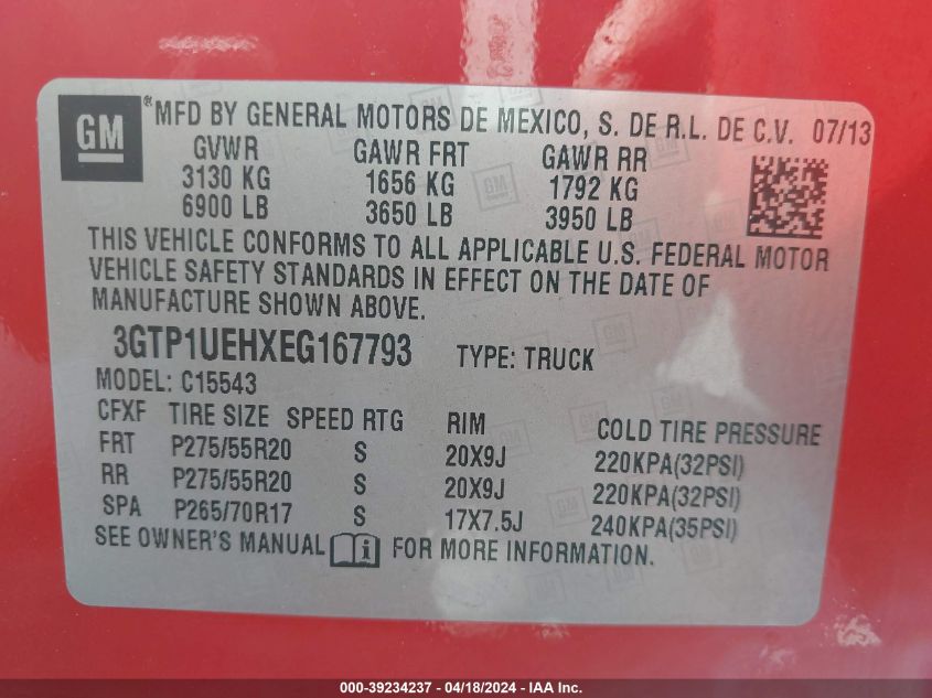 2014 GMC Sierra 1500 Sle VIN: 3GTP1UEHXEG167793 Lot: 11846401