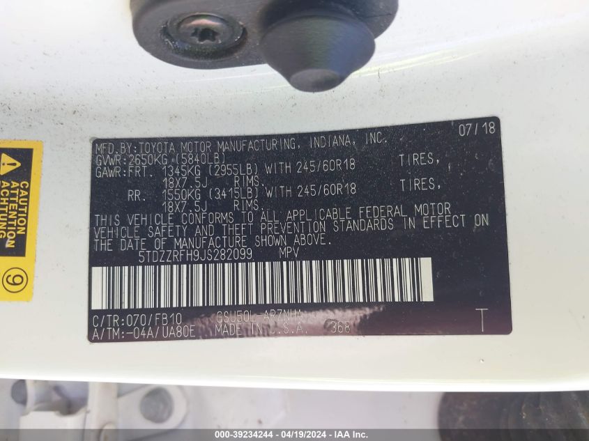 2018 Toyota Highlander Le VIN: 5TDZZRFH9JS282099 Lot: 39234244