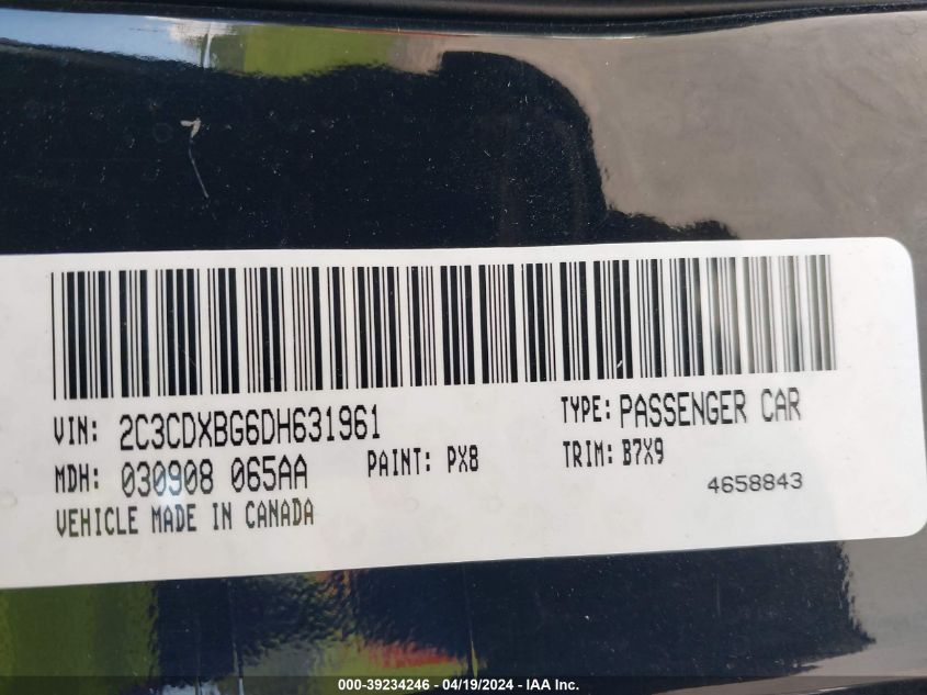 2013 Dodge Charger Se VIN: 2C3CDXBG6DH631961 Lot: 39234246