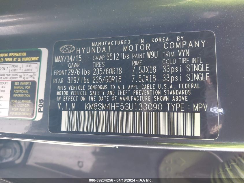 2016 Hyundai Santa Fe Se VIN: KM8SM4HF5GU133090 Lot: 39234256