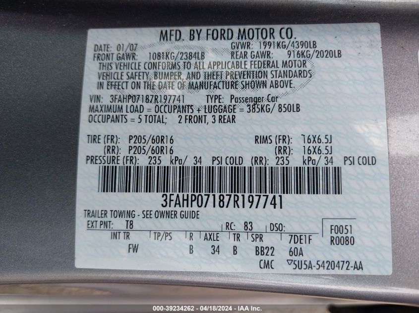 2007 Ford Fusion Se VIN: 3FAHP07187R197741 Lot: 11976958
