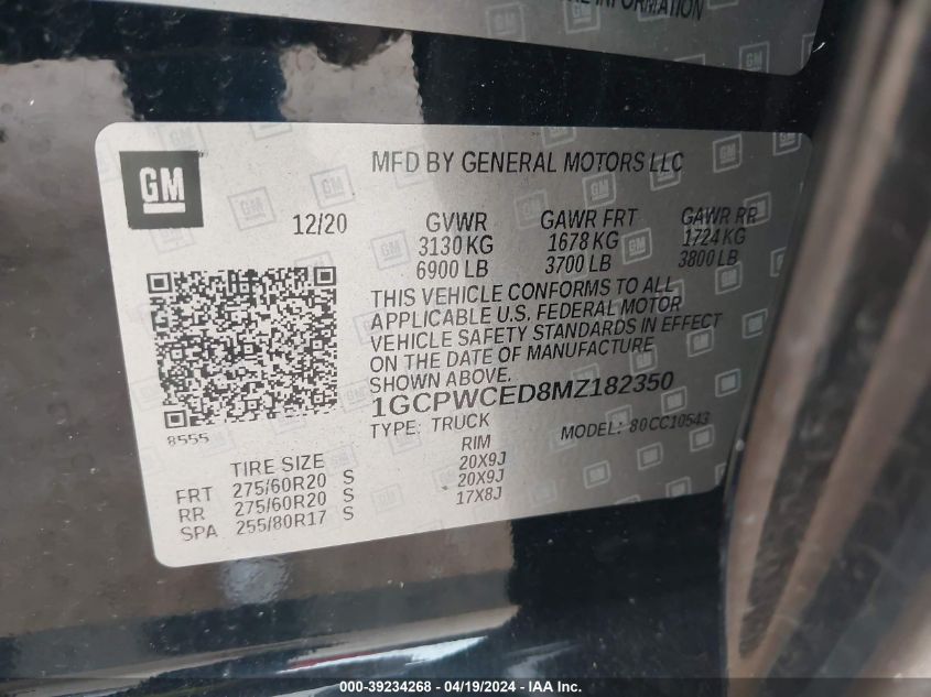 2021 Chevrolet Silverado 1500 2Wd Short Bed Lt VIN: 1GCPWCED8MZ182350 Lot: 39234268