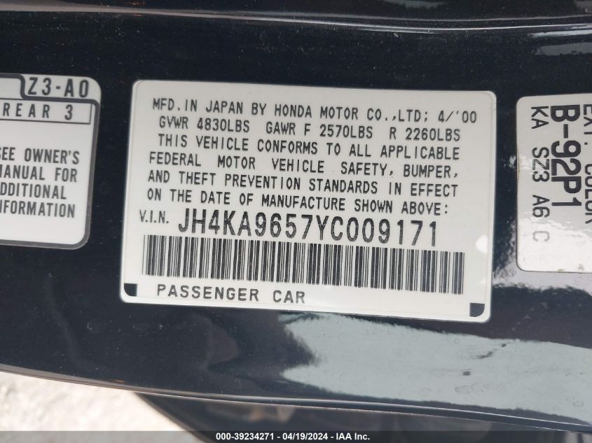 2000 Acura 3.5Rl VIN: JH4KA9657YC009171 Lot: 39234271