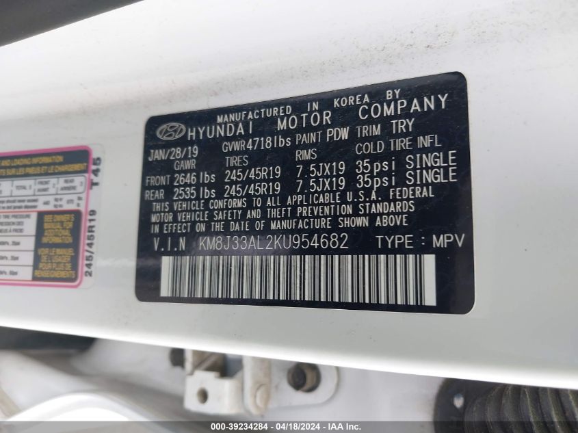 2019 Hyundai Tucson Night VIN: KM8J33AL2KU954682 Lot: 39234284