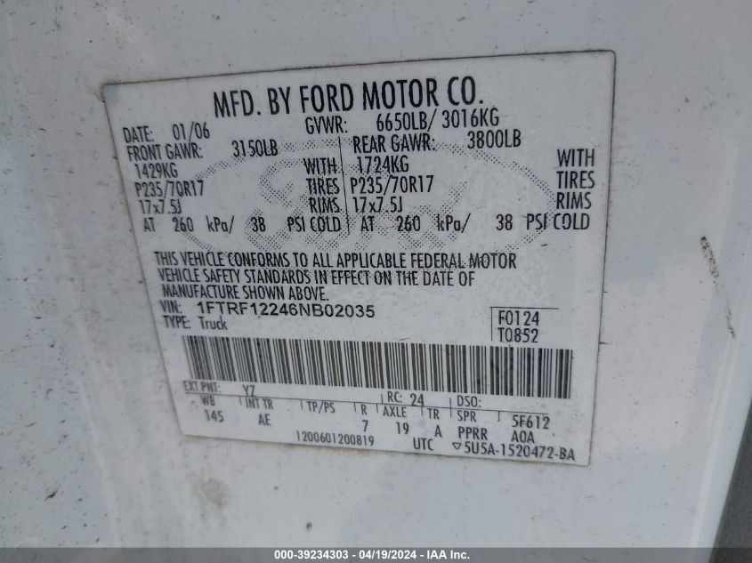 2006 Ford F150 VIN: 1FTRF12246NB02035 Lot: 39234303