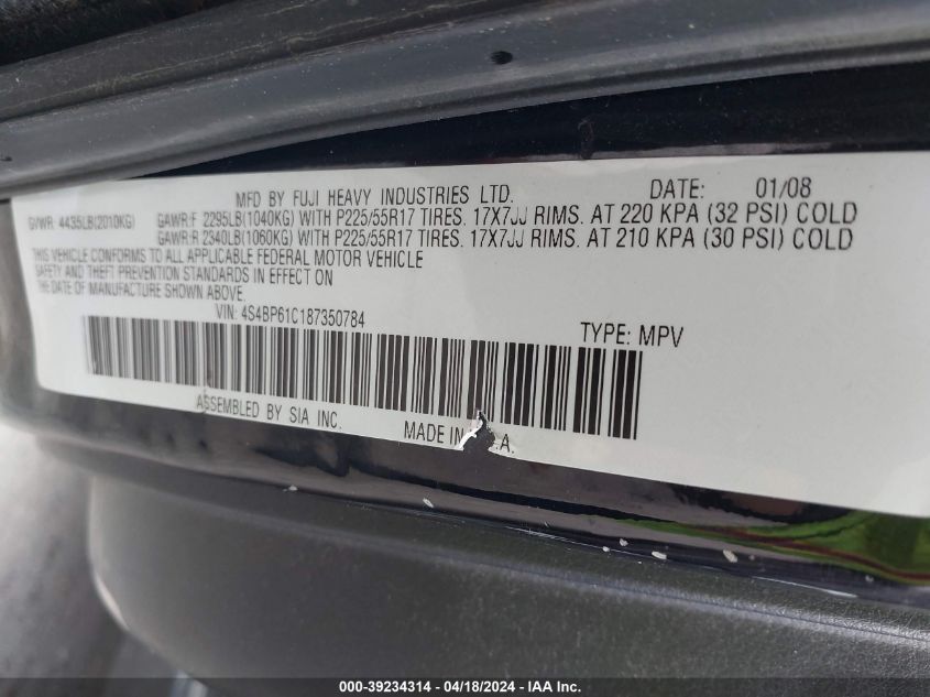 2008 Subaru Outback 2.5I/2.5I L.l. Bean Edition VIN: 4S4BP61C187350784 Lot: 39234314