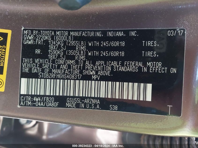 2017 Toyota Highlander Le VIN: 5TDBZRFH6HS408317 Lot: 39234323