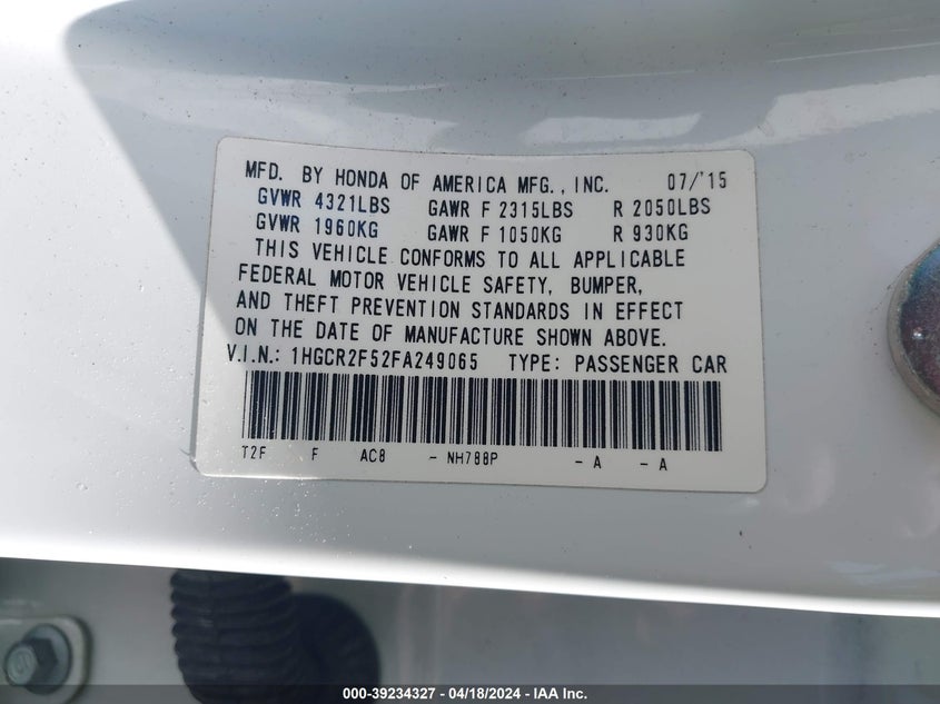2015 HONDA ACCORD VIN: 1HGCR2F52FA249065