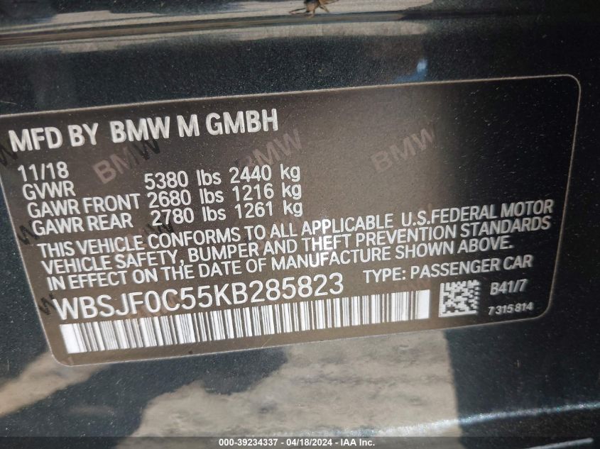 2019 BMW M5 VIN: WBSJF0C55KB285823 Lot: 39234337