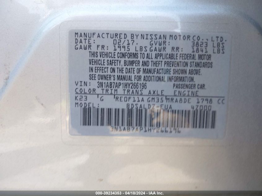 2017 Nissan Sentra Sv VIN: 3N1AB7AP1HY266196 Lot: 39234353