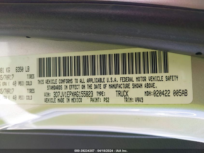 2010 Dodge Ram 1500 St VIN: 3D7JV1EPXAG155823 Lot: 39234357