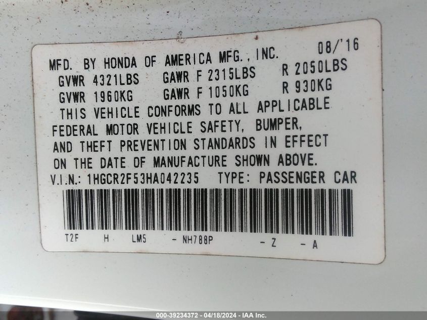 1HGCR2F53HA042235 | 2017 HONDA ACCORD