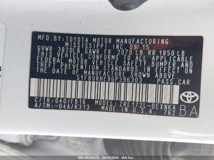 2016 Toyota Corolla Le VIN: 5YFBURHE9GP396303 Lot: 39234375