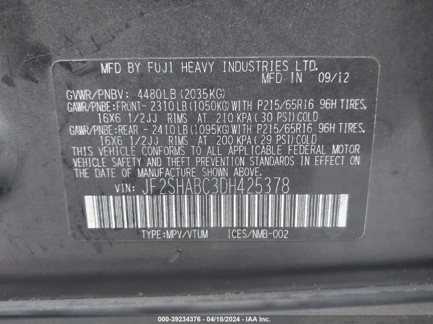 2013 Subaru Forester 2.5X VIN: JF2SHABC3DH425378 Lot: 11982699