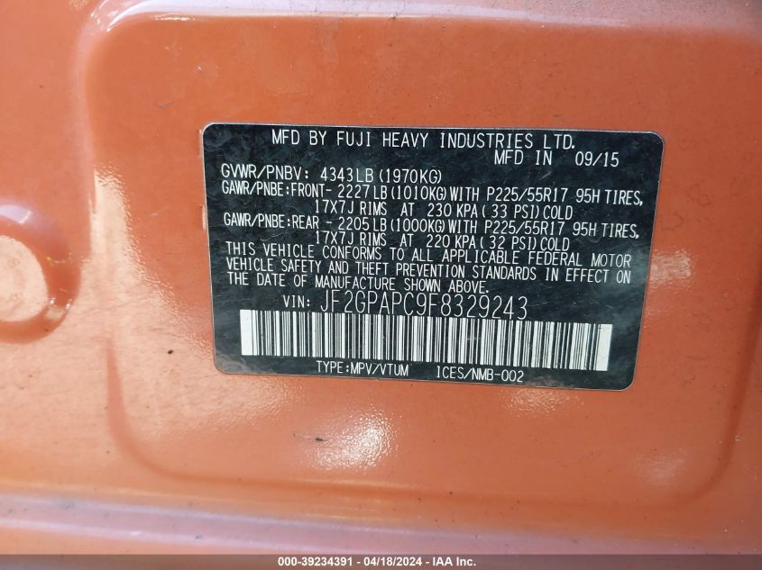 2015 SUBARU XV CROSSTREK 2.0 LIMITED - JF2GPAPC9F8329243