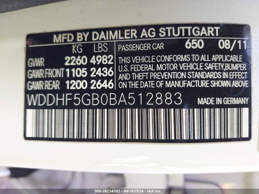 2011 Mercedes-Benz E 350 E 350 Sport VIN: WDDHF5GB0BA512883 Lot: 39234392