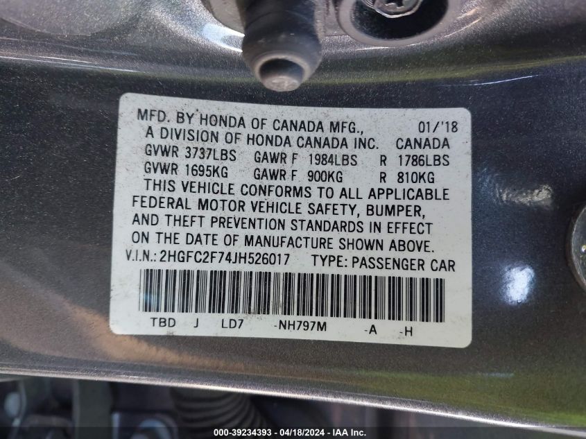 2018 Honda Civic Ex VIN: 2HGFC2F74JH526017 Lot: 39234393
