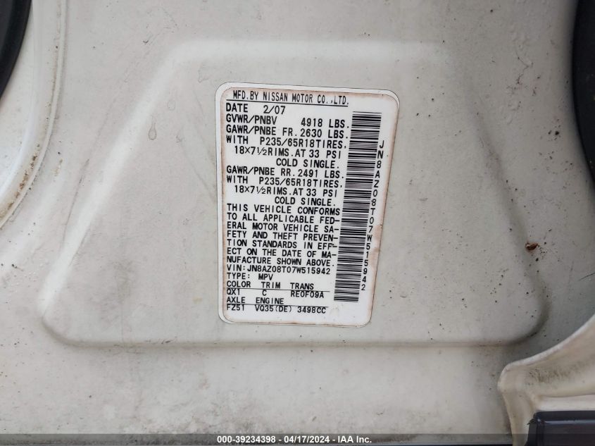 2007 Nissan Murano S VIN: JN8AZ08T07W515942 Lot: 39234398
