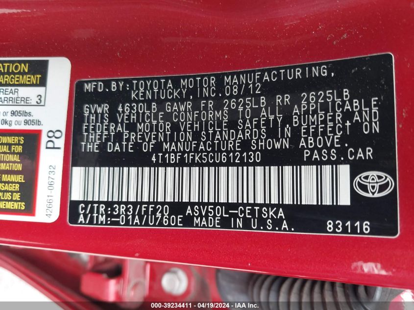 2012 Toyota Camry Se Limited Edition VIN: 4T1BF1FK5CU612130 Lot: 39234411