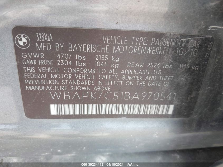 2011 BMW 328I xDrive VIN: WBAPK7C51BA970541 Lot: 11977458