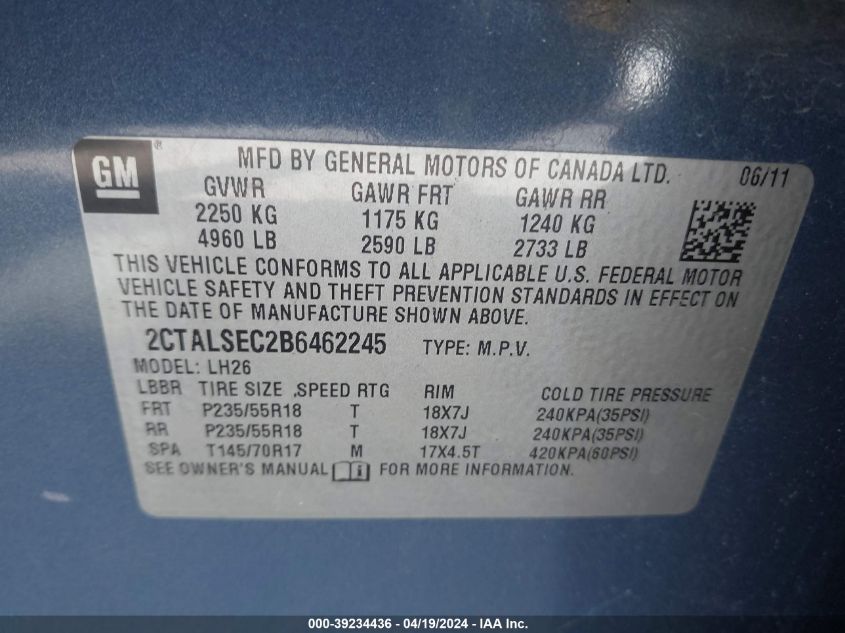 2011 GMC Terrain Sle-2 VIN: 2CTALSEC2B6462245 Lot: 39234436