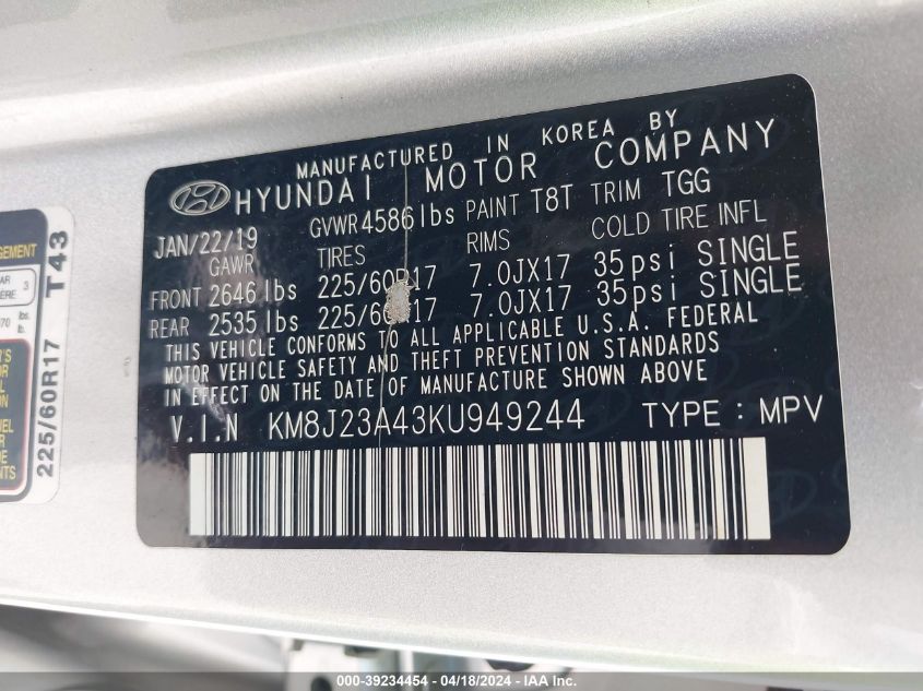 2019 Hyundai Tucson Se VIN: KM8J23A43KU949244 Lot: 39234454