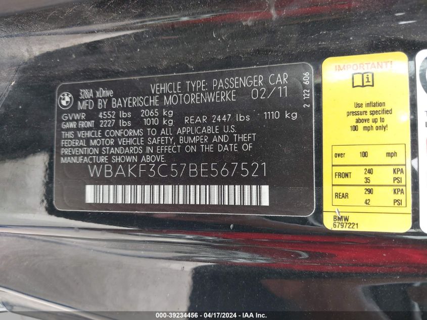 2011 BMW 328I xDrive VIN: WBAKF3C57BE567521 Lot: 39234456