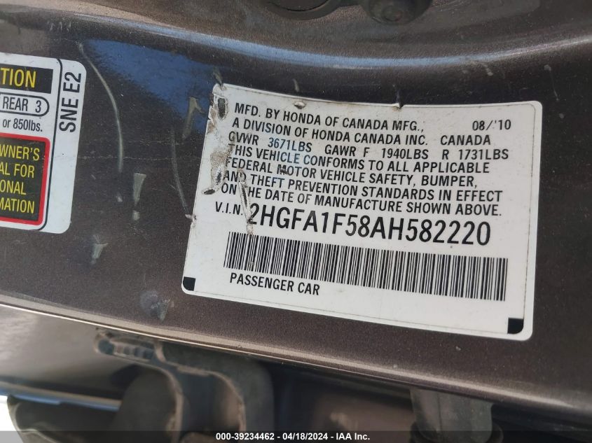 2010 Honda Civic Lx VIN: 2HGFA1F58AH582220 Lot: 39234462