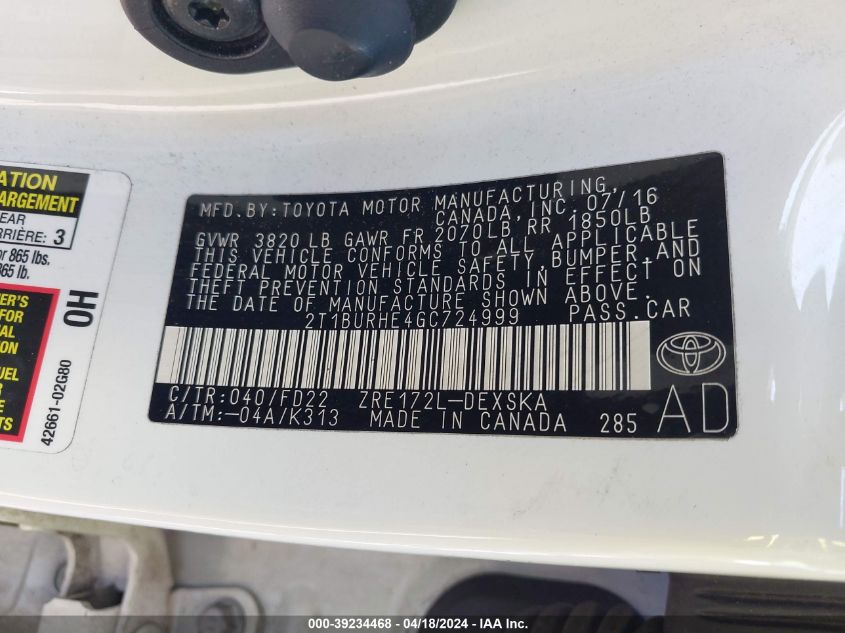 2016 Toyota Corolla S Plus VIN: 2T1BURHE4GC724999 Lot: 39234468