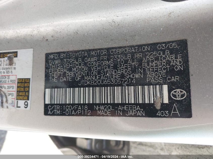 2005 Toyota Prius VIN: JTDKB20U653057214 Lot: 39234471