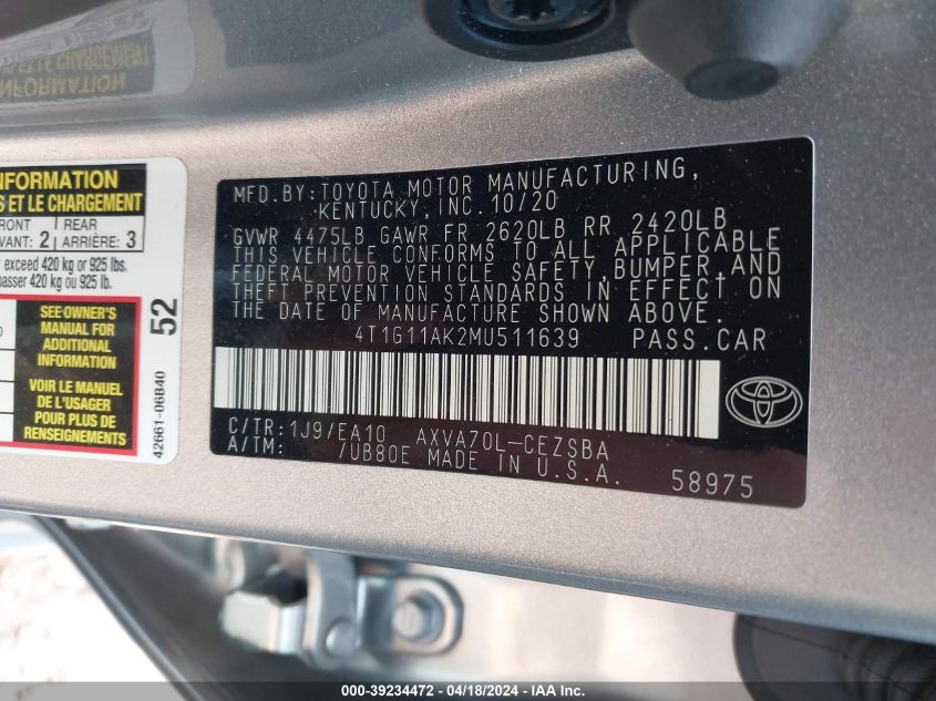 2021 Toyota Camry Se VIN: 4T1G11AK2MU511639 Lot: 39234472