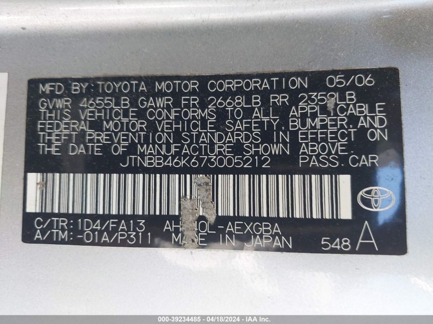 2007 Toyota Camry Hybrid VIN: JTNBB46K673005212 Lot: 39234485