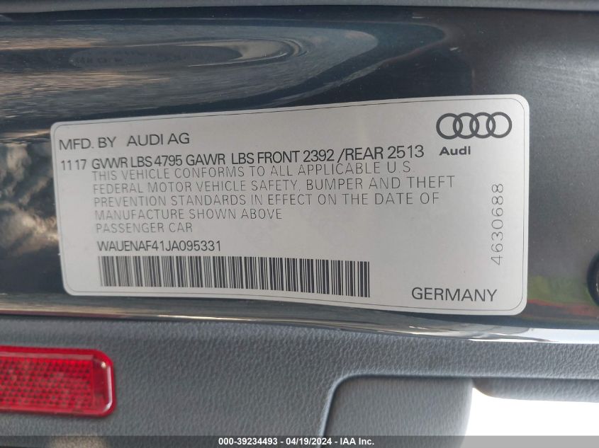 2018 Audi A4 2.0T Premium/2.0T Tech Premium VIN: WAUENAF41JA095331 Lot: 39234493