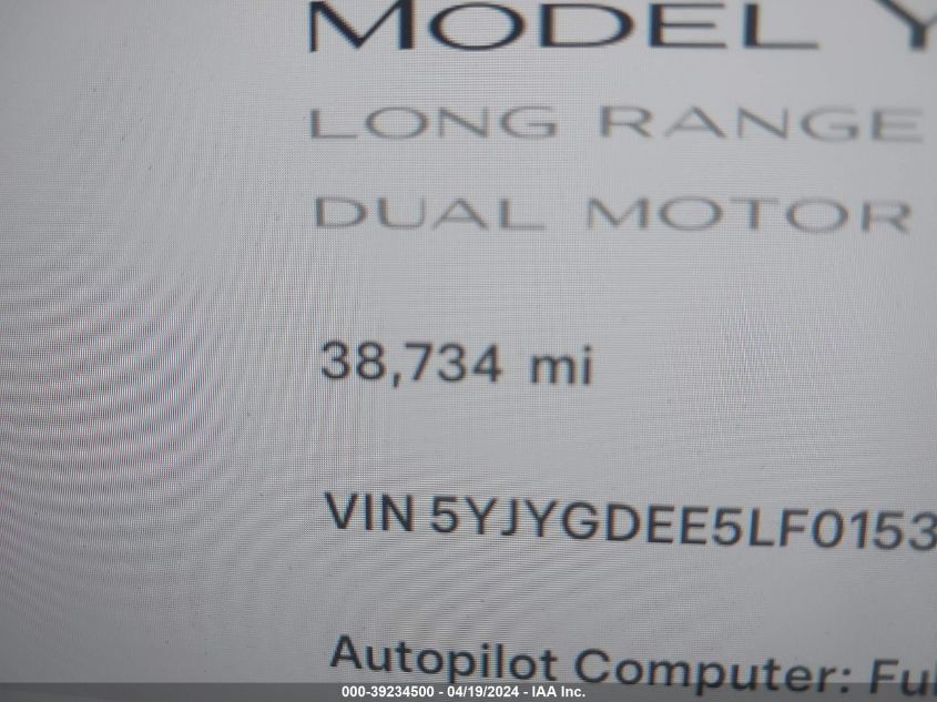 2020 Tesla Model Y Long Range Dual Motor All-Wheel Drive VIN: 5YJYGDEE5LF015397 Lot: 39234500