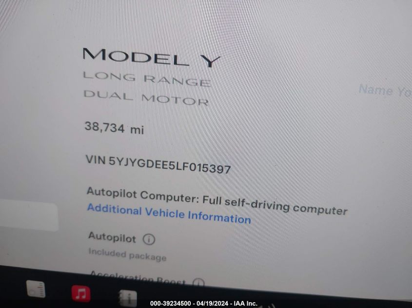 2020 Tesla Model Y Long Range Dual Motor All-Wheel Drive VIN: 5YJYGDEE5LF015397 Lot: 39234500