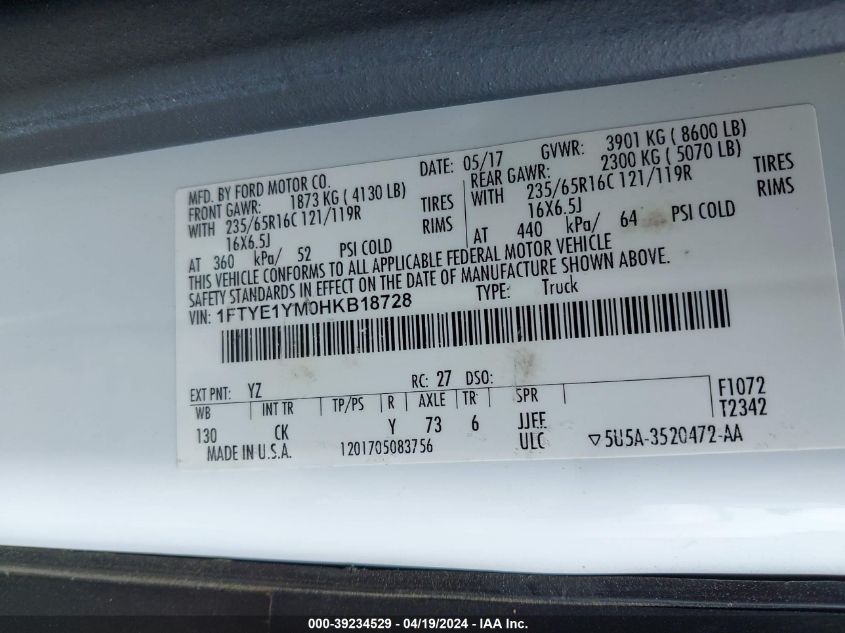 2017 Ford Transit-150 VIN: 1FTYE1YM0HKB18728 Lot: 39234529