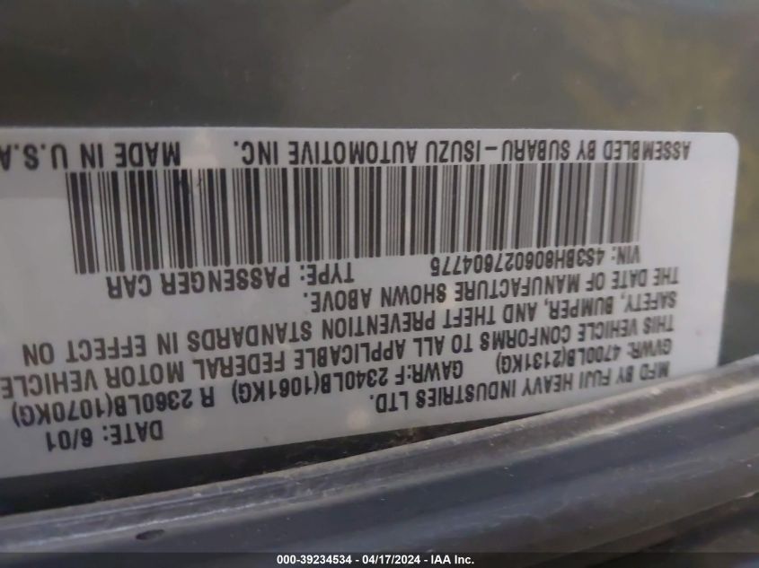 2002 Subaru Outback H6-3.0 L.l. Bean Edition VIN: 4S3BH806027604775 Lot: 11966697