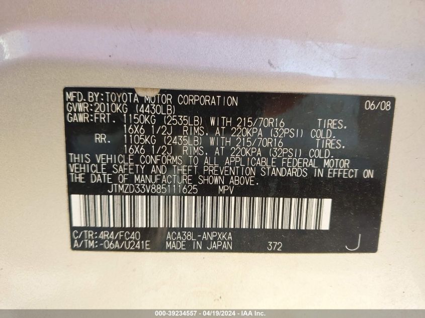 2008 Toyota Rav4 VIN: JTMZD33V885111625 Lot: 39234557