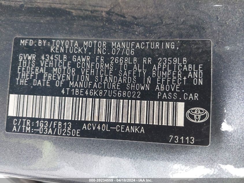 2007 Toyota Camry Le VIN: 4T1BE46K87U568022 Lot: 11983153