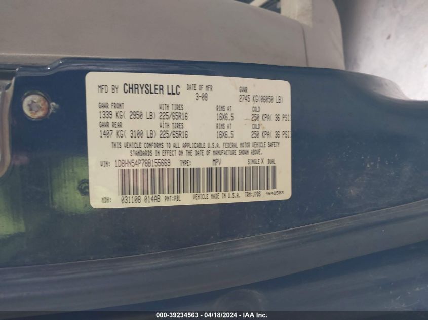 2008 Dodge Grand Caravan Sxt VIN: 1D8HN54P78B155669 Lot: 39234563
