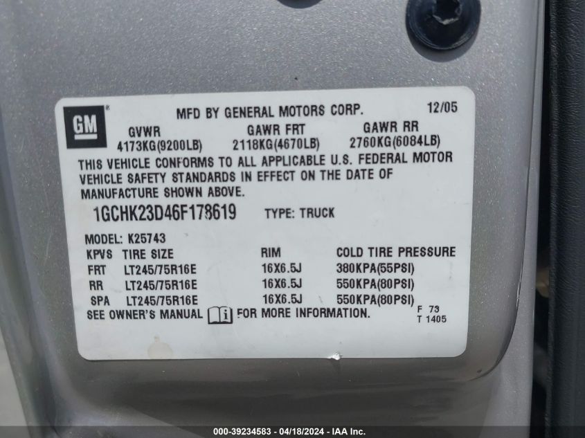 2006 Chevrolet Silverado 2500Hd Lt1 VIN: 1GCHK23D46F178619 Lot: 39234583