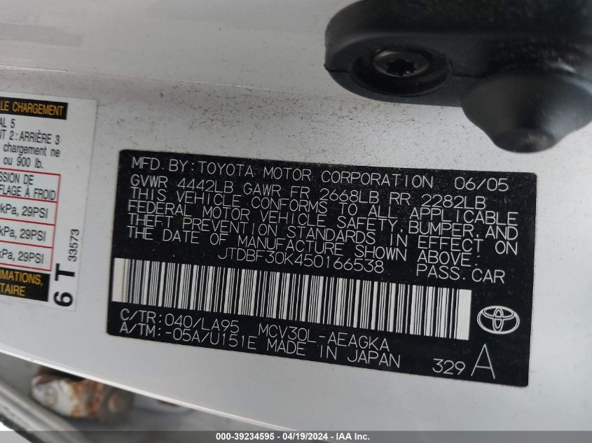 2005 Toyota Camry Xle V6 VIN: JTDBF30K450166538 Lot: 39234595