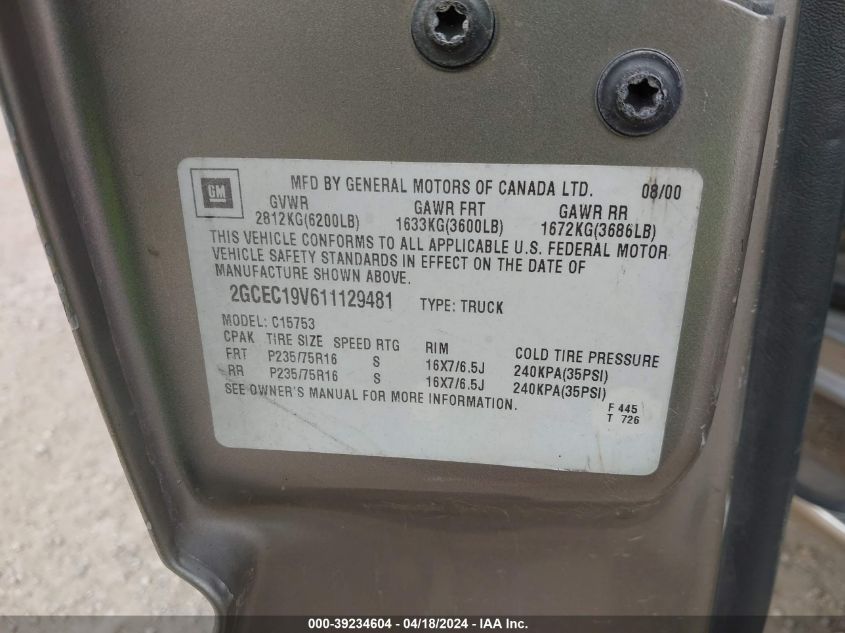 2001 Chevrolet Silverado 1500 Ls VIN: 2GCEC19V611129481 Lot: 39234604