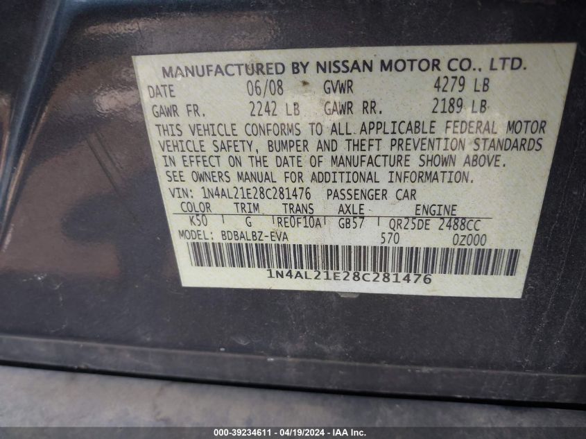 2008 Nissan Altima 2.5 S VIN: 1N4AL21E28C281476 Lot: 39234611
