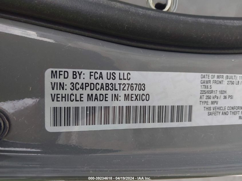 2020 Dodge Journey Se Value VIN: 3C4PDCAB3LT276703 Lot: 39234618