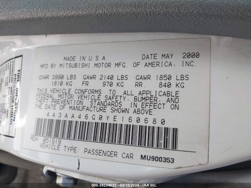 4A3AA46G0YE160680 2000 Mitsubishi Galant Es