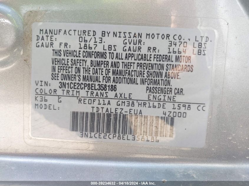 2014 Nissan Versa Note Sv VIN: 3N1CE2CP8EL358186 Lot: 39234632