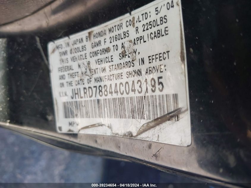 2004 Honda Cr-V Ex VIN: JHLRD78844C043195 Lot: 39234654