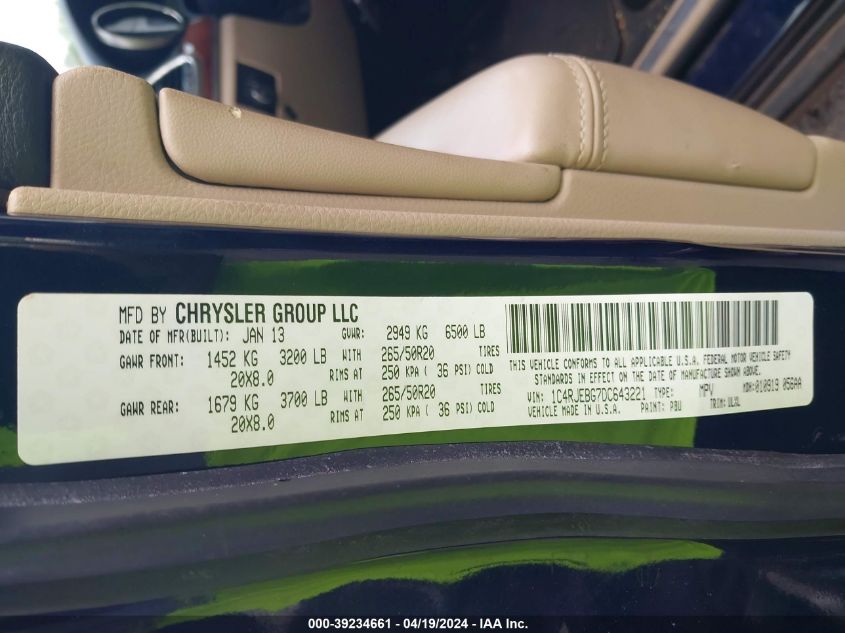 2013 Jeep Grand Cherokee Limited VIN: 1C4RJEBG7DC643221 Lot: 39234661